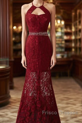 Beautiful Dark Red Lace Halter Beaded Evening Dress, Mermaid Formal Prom Dress