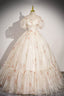 Beautiful Floral Tulle Long Prom Dress, Champagne Short Sleeve Evening Dress