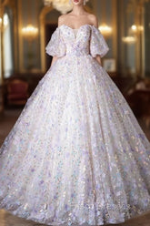 Beautiful Floral Tulle Pearl Sequins Formal Prom Dress, A-Line Puffy Short Sleeve Evening Party Dress