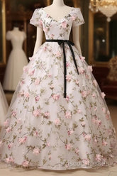 Beautiful Flowers Ball Gown Long Party Dress, Short Sleeves Formal Prom Dress