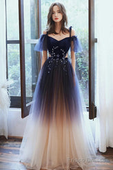 Beautiful Gradient Tulle Long Formal Dress, Blue Velvet And Lace Evening Graduation Dress
