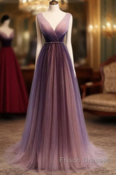 Beautiful Gradient V-Neckline Tulle Long Formal Prom Dress Party Dress, Gradient Evening Gown