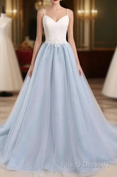 Beautiful Light Blue Tulle And White Top Long Wedding Party Gowns, Straps Junior Formal Prom Dress
