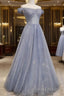 Beautiful Long Strapless Blue Tulle Beaded Long, A Line Off Shoulder Formal Prom Dress