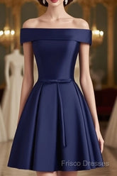 Beautiful Navy Blue Satin Knee Length Homecoming Dress, Blue Short Formal Prom Dress