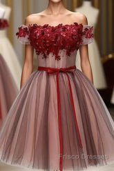 Beautiful Off Shoulder Tulle Knee Length Party Dress , Red Homecoming Dress With Applique
