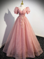 Beautiful Pink Tulle Floor Length Prom Dress with Short Sleeve