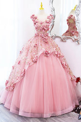 Beautiful Pink Tulle Long Prom Dress With Flowers, Lovely Tulle Sweet 16 Dress