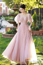 Beautiful Tulle Beaded Long Prom Dress, Pink Evening Dress Party Dress