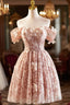 Beautiful Tulle Flower Knee Length Formal Prom Dress, Off the Shoulder Short Sleeve Evening Party Dress