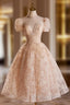 Beautiful Tulle Flower Tea Length Formal Prom Dress, Off the Shoulder Short Sleeve Evening Party Dress