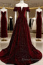 Beautiful Wine Red Off Shoulder Velvet Long Party Dress, A-Line Dark Red Formal Prom Dress