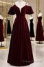 Beautiful Wine Red Velvet Off Shoulder Floor Length Party Dress, Velvet Junior Formal Prom Dress