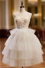 Beige Sweetheart Neck Tulle Puffy Short Formal Prom Dress, Beige Homecoming Dress