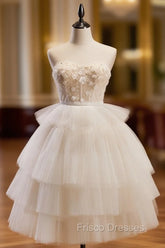 Beige Sweetheart Neck Tulle Puffy Short Formal Prom Dress, Beige Homecoming Dress