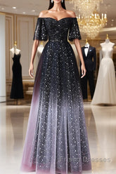 Black A-Line Gradient Tulle Short Sleeves Formal Prom Dress, Black Long Evening Dress