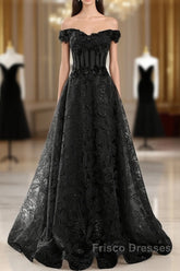 Black A-Line Lace Off Shoulder Tulle With Lace Formal Prom Dress, Black Long Evening Dress