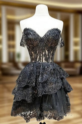 Black A-Line Sequin Tulle Short Formal Prom Dress, Black Homecoming Dress