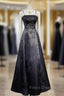 Black A-Line Straps Beaded Floor Length Party Dress, Black Satin Long Formal Prom Dress