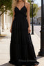 Black A-line V Neck Sleeveless Floor-Length Chiffon Prom Dress Long Prom Dresses Backless with Pleated Ruffles
