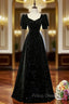 Black A-line Velvet Long Formal Prom Dress Party Dress, Black Short Sleeves Formal Prom Dress