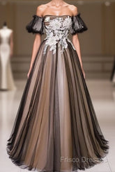 Black And Champagne Short Sleeves Tulle With Lace Party Dress, A-Line Floor Length Formal Prom Dress