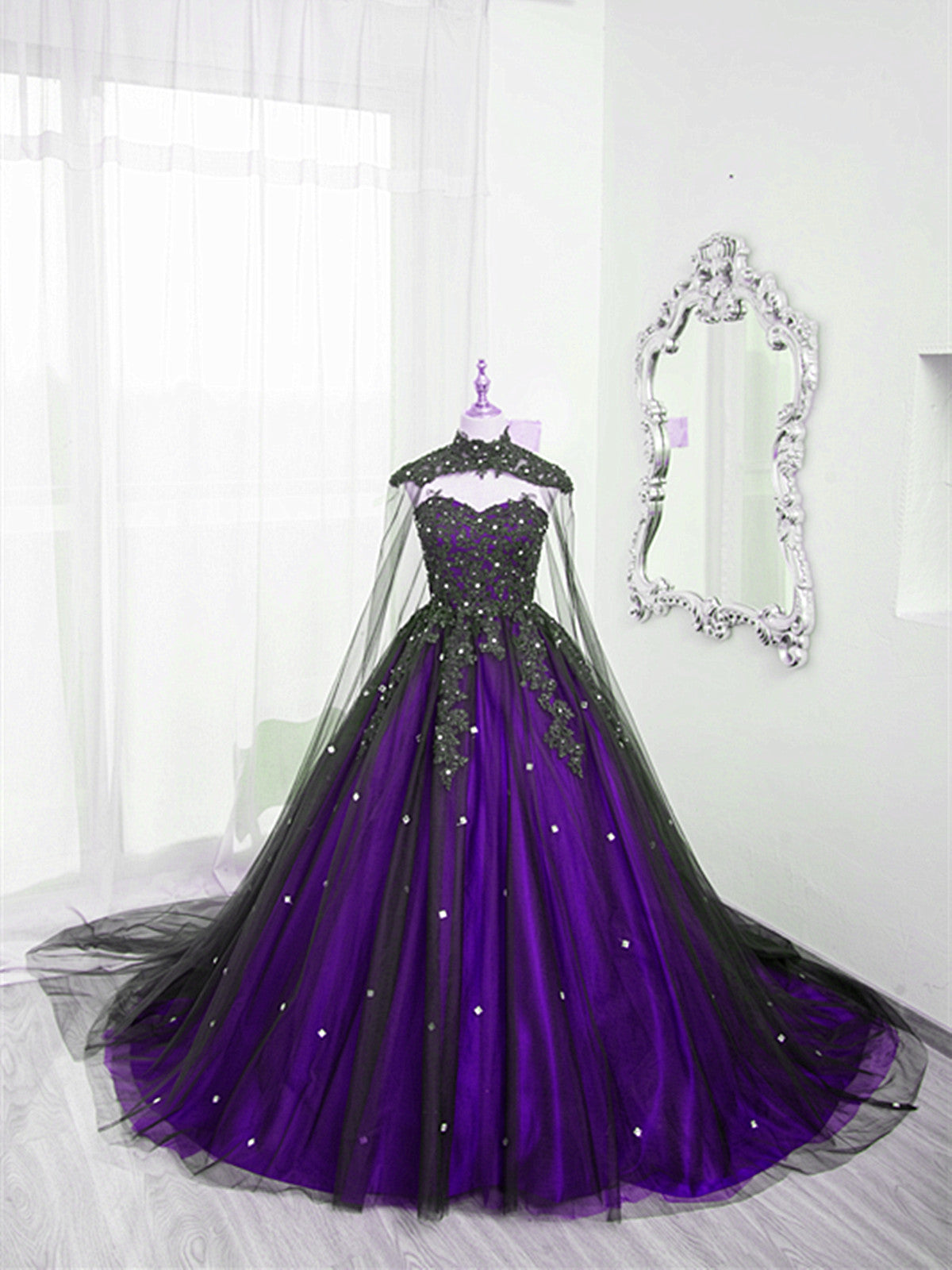 Black And Purple Beaded Tulle Ball Gown Sweet 16 Dress, Black And Purp – Frisco Dresses