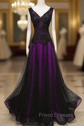 Black and Purple V-neckline A-line Formal Prom Dress, Tulle with Lace Party Dress