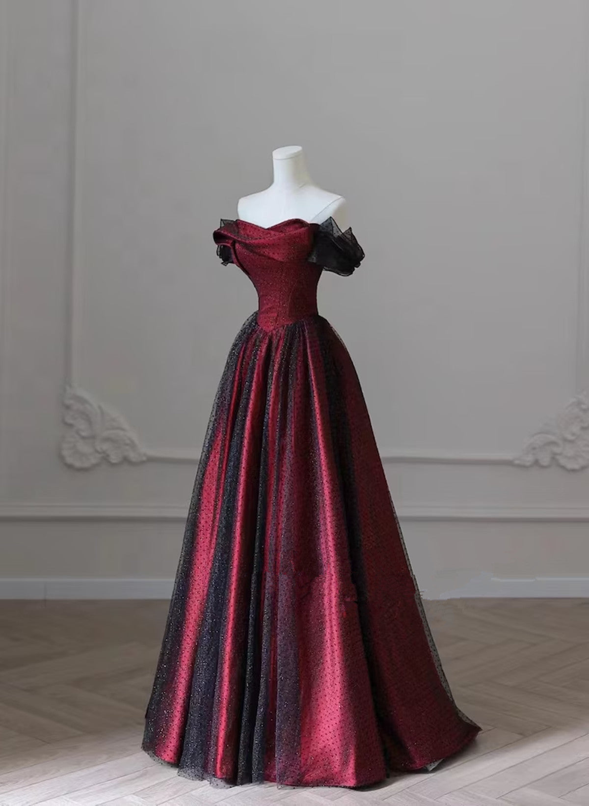 Black And Red Long Prom Dress Evening Dress, Off Shoulder A-Line Party