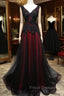 Black and Red V-Neck Tulle Long Formal Prom Dress, Lace Evening Dress