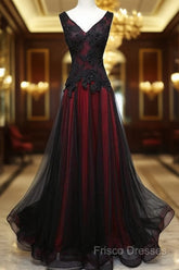 Black And Tulle V-Neckline Beaded Lace Long Party Dress, A-Line Formal Prom Dress Formal Dresss