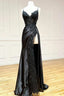 Black Appliques V-Neck Lace-Up Prom Gown With Slit