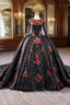 Black Ball Gown Long Sleeve Flower Formal Prom Dress