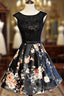 Black Floral Satin and Lace Round Neckline Short Party Dress Formal Prom Dress, Black Homecoming Dress