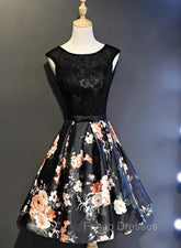 Black Floral Satin and Lace Round Neckline Short Party Dress Formal Prom Dress, Black Homecoming Dress