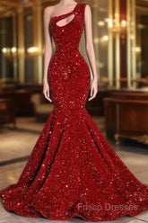 Black Girl Formal Prom Dress One Shoulder Mermaid Red Formal Prom Dress | Cheap Sequins Formal Gowns