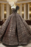 Black Gold Ball Gown Sequins One Shoulder Luxury Formal Prom Dress