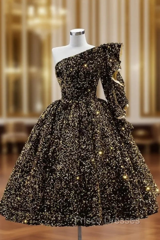 black and gold one shoulder prom dress One-Shoulder Long Prom Dress with Glitter