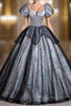 Black Gray Tulle Short Sleeve Quinceanera Dress