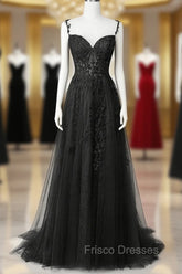 Black Lace Straps Beaded A-line Formal Prom Dress Party Dress, Black Floor Length Formal Dress