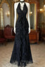 Black Lace V-Neckline A-Line Halter Party Dress, Black Vintage Style Formal Prom Dress