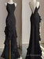 Black Mermaid Beach Wedding Dress With Ruffles, Spaghetti Straps Backless Formal Prom Gown