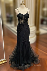Black Mermaid Lace Long Formal Prom Dress, Black Lace Evening Dress