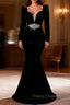 Black Mermaid Long Sleeve Velvet Formal Prom Dress