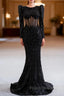 Black Mermaid Sequins Pearls Long Sleeve Formal Prom Dress