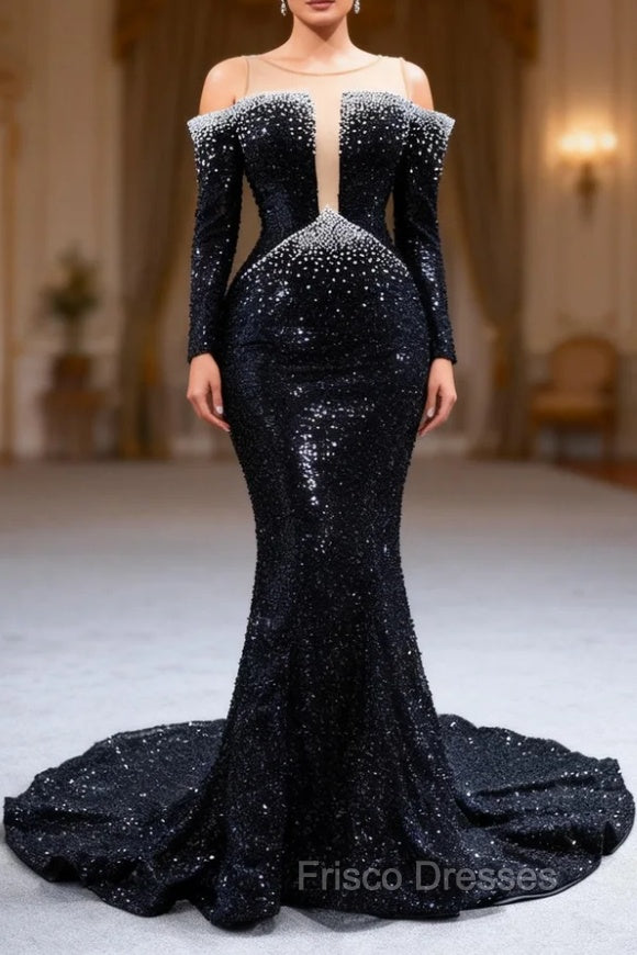 Black Mermaid Sequins Pearls See Through Neck Formal Prom Dress