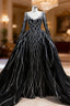 Black Mermaid Tulle Long Sleeve Sequins Formal Prom Dress With Detachable Train