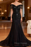 Black Mermaid Tulle Off the Shoulder Beading Formal Prom Dress