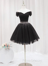 Black Off Shoulder Beaded Tulle Short Formal Prom Dress, Black Homecoming Dress Formal Dress