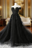 Black Off Shoulder Formal Dress with Lace, Black Tulle Off Shoulder Formal Prom Dress